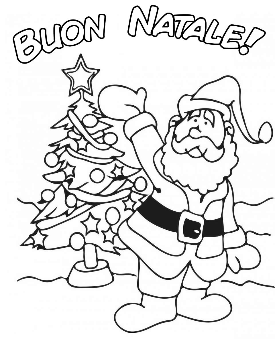 Disegno da colorare Babbo Natale con l'albero di Natale