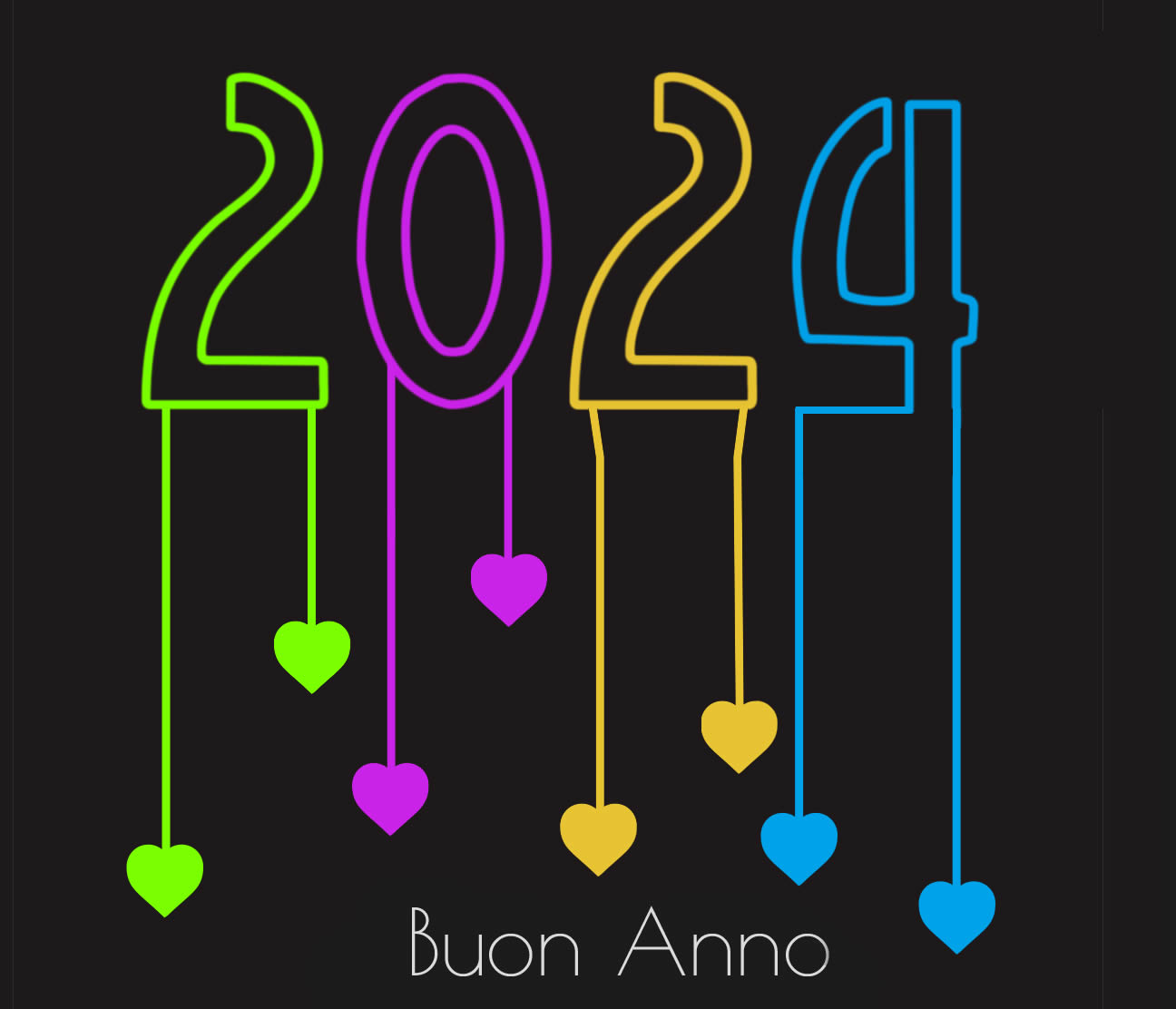 Immagine Auguri Buon Anno 2024 con cuori pendenti multicolori